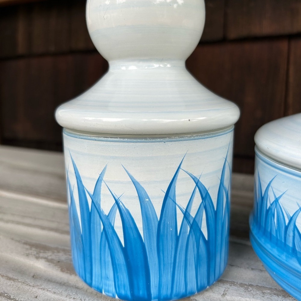 Vintage Blue and White Hand Painted Lidded Glass Jars with Coastal Motiff - Picture 7 of 8